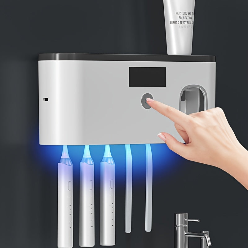 Smart Toothbrush Sanitizer with Automatic Toothpaste Dispenser – Wall-Mounted, 5-Slot Storage, Durable Plastic, USB Rechargeable Battery, Modern Bathroom Organizer for Electric Toothbrushes and Accessories, Toothbrush Holde